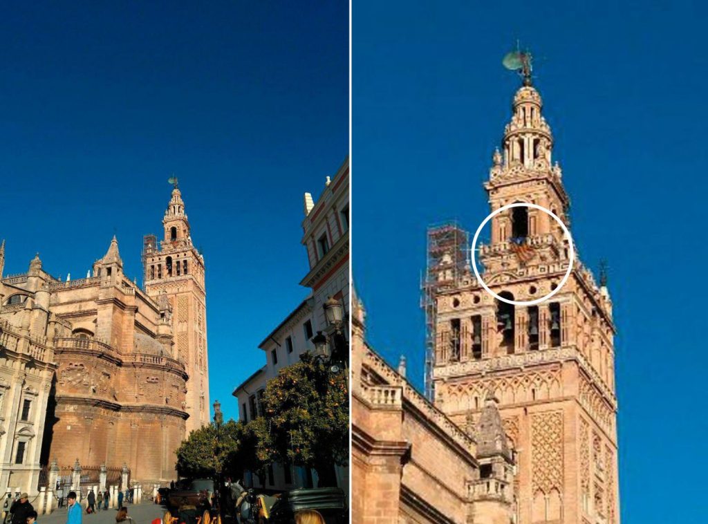 Estelada colgada en la Giralda de Sevilla