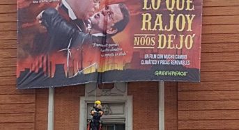 La pancarta desplegada por radicales de GreenPeace en Gran Vía de Madrid con faltas de ortografía propias de jente sin estudios.